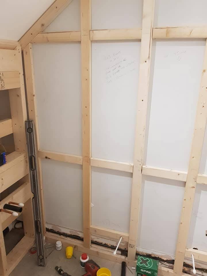 Cloakroom in build, stud frame and plasterboard before tiling and second-fix